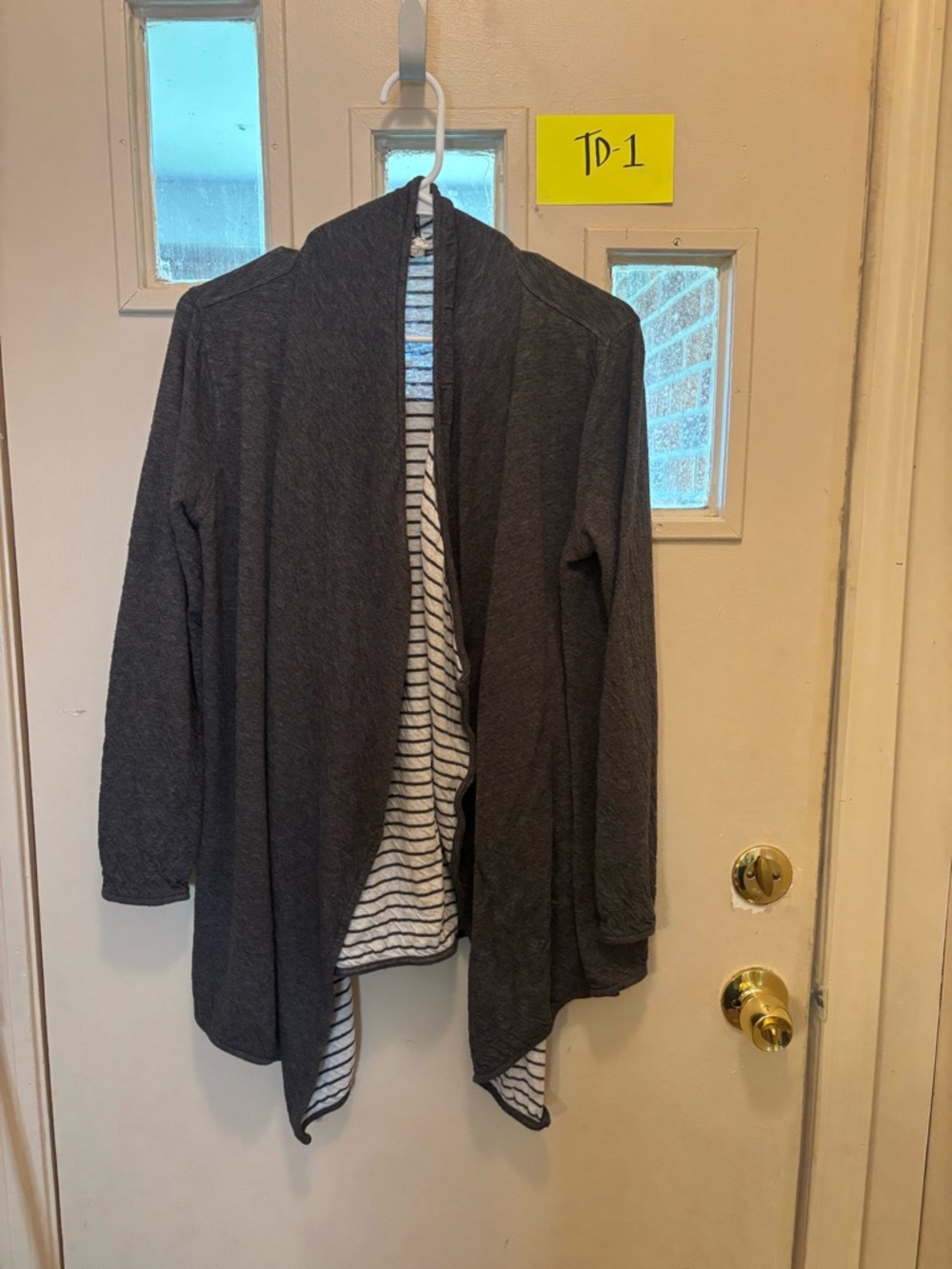 Matilda Jane Dark Gray Open-Front Draped Cardigan with Striped Lining